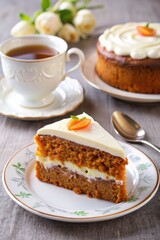 Carrot cake slice with a cup of tea on a floral plate.