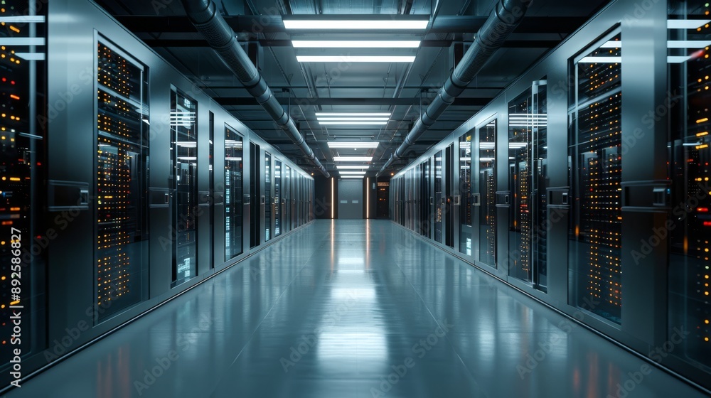 Aufkleber large-scale server room featuring multiple rows of high-density racks, advanced fire suppression sys