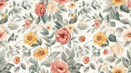Seamless tile of Brazilian button flowers illustrated in a vintage style, with soft, nostalgic colors and elegant, detailed floral patterns