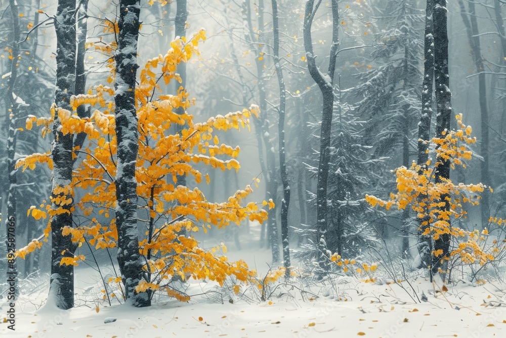 Poster a snowy forest with a tree that has yellow leaves. the tree is surrounded by snow and the rest of th