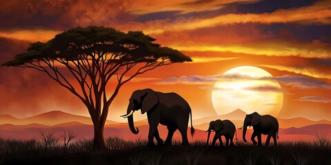 Elephant Family Sunset Scene as Wallpaper or Poster Design
