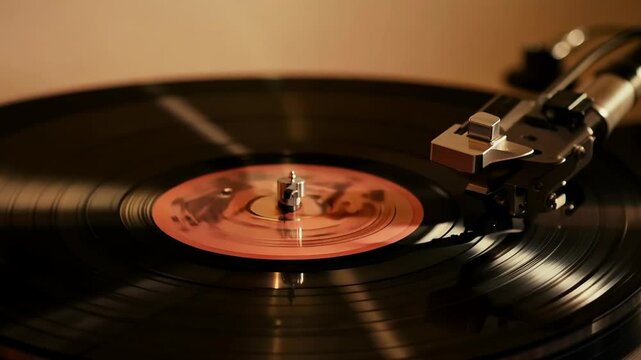 Vintage vinyl record playing on turntable with warm ambiance