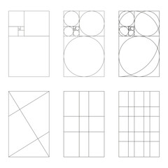 Golden ratio template set. Fibonacci array, numbers. Method golden section. Harmony proportions icons. Outline graphic illustration isolated on a white background. Golden proportion pattern.