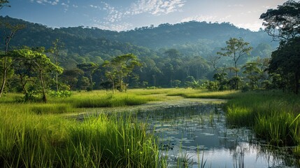 Wildlife sanctuary with diverse species thriving in a protected and pristine habitat