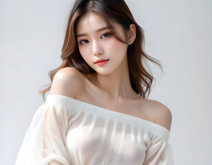 Beauty portrait of a beautiful young woman with glowing skin. Beautiful real face, beauty image. 輝く肌を持つ美しい若い女性の美容ポートレート。美しい素顔、美容イメージ。	