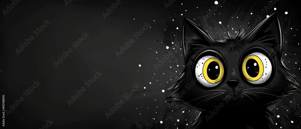 Canvas Prints  A black cat with large yellow eyes against a black backdrop, surrounded by falling snowflakes