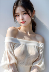 Beauty portrait of a beautiful young woman with glowing skin. Beautiful real face, beauty image. 輝く肌を持つ美しい若い女性の美容ポートレート。美しい素顔、美容イメージ。	