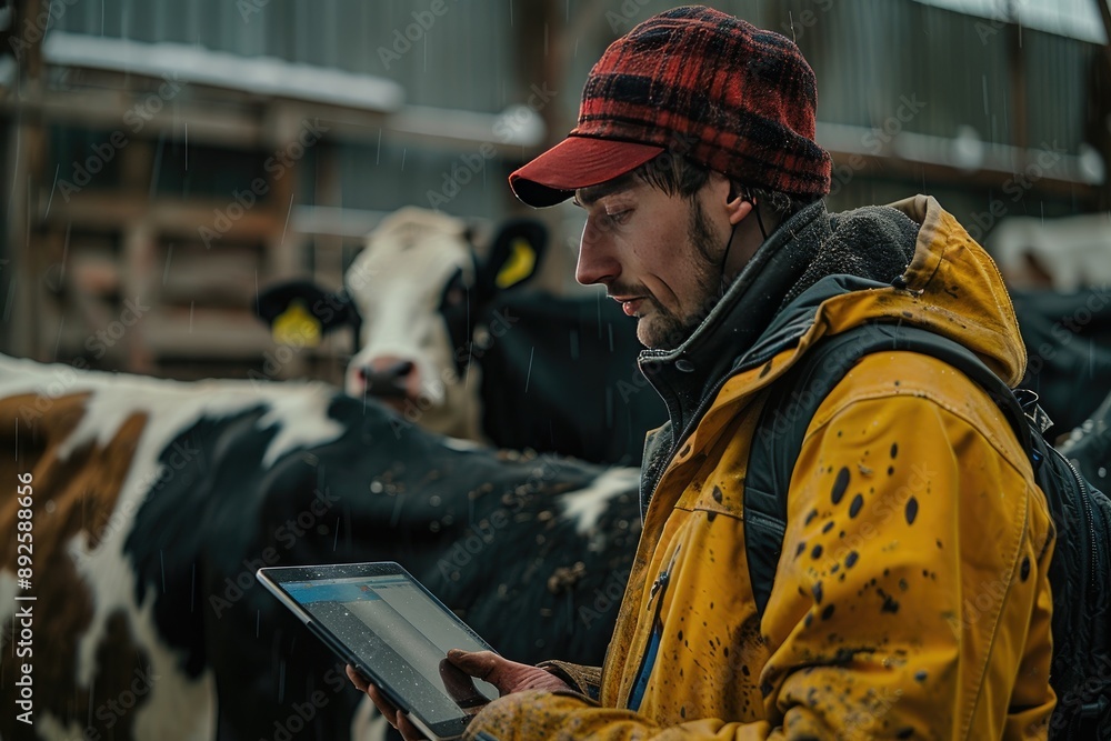 Aufkleber a man in a yellow jacket is looking at a tablet while standing next to a cow. the scene is set in a 