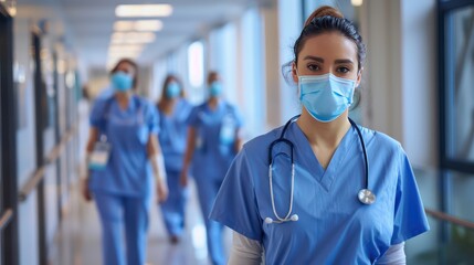 Group of healthcare workers in scrubs and masks in a hospital corridor.