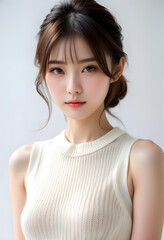 Fototapeta premium Beauty portrait of a beautiful young woman with glowing skin. Beautiful real face, beauty image. 輝く肌を持つ美しい若い女性の美容ポートレート。美しい素顔、美容イメージ。 