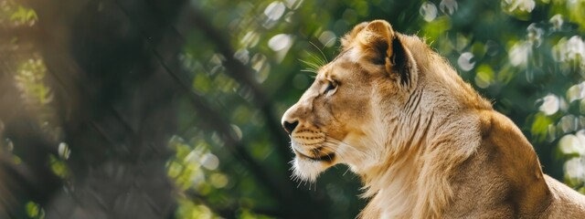  A tight shot of a lion's face against a softly blurred backdrop of trees and foliage