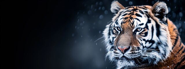  Close-up of a tiger's face against black backdrop with water droplets on its fur