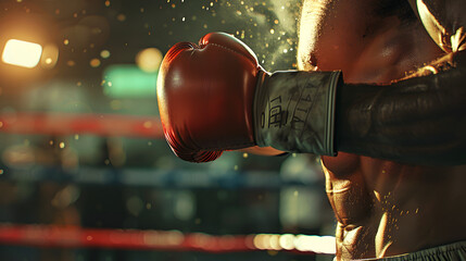 Close-up of a muscular boxer throwing a punch in the ring, with intense lighting and action in the background
