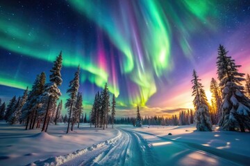  a mysterious and spectacular background featuring the aurora borealis in the far northern regions of Russia. The vibrant light bands in the winter night sky will create an impressive backdrop.