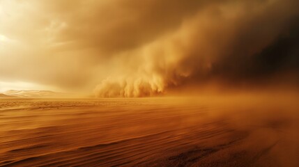 A powerful sandstorm sweeping across a desert landscape, illustrating the raw force of nature. Ideal for environmental themes, weather phenomena, and desert scenes.