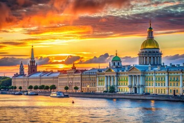 Obraz premium Utilize the White Nights phenomenon in Saint Petersburg, where the sun barely sets in summer. Design a background with an extended sunset and historic buildings along the Neva River.