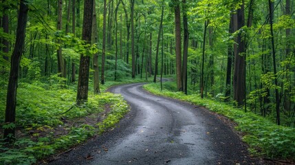 Naklejka premium Scenic bike trail through a forest, promoting outdoor activities and environmental conservation