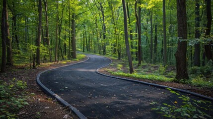 Scenic bike trail through a forest, promoting outdoor activities and environmental conservation