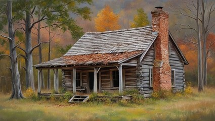 : Autumn Retreat || Log cabin with stone chimney nestled in a wooded area || AI Generated