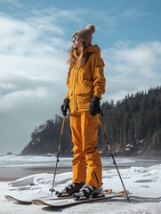 A person dressed for skiing, standing on a sunny beach