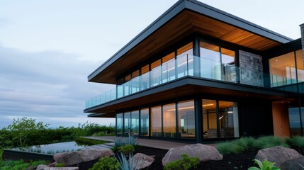 Modern, two-story home with large windows and a wooden exterior, set against a backdrop of lush greenery.