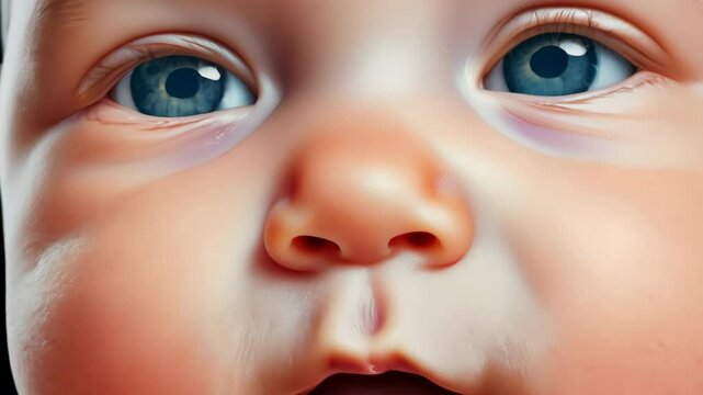 Baby face morphing into elderly man, aging transformation closeup