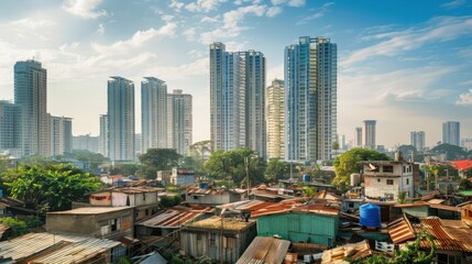 Fototapeta premium High-rise building overshadowing impoverished slum dwellings.