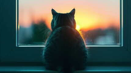 A cat sits by a window, watching a beautiful sunset.  The cat is silhouetted against the bright light.  A sense of peace and tranquility radiates from the image.