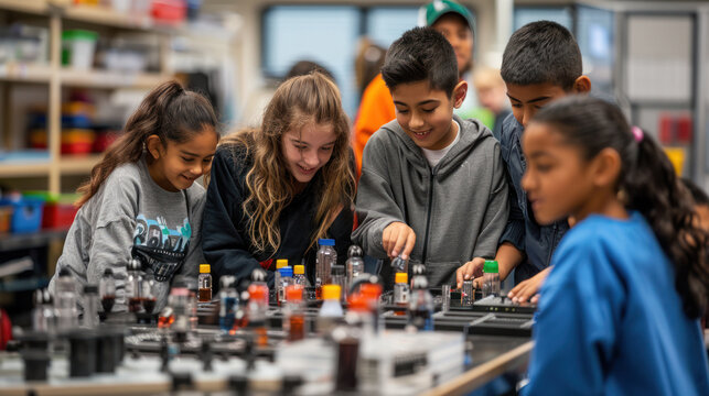 Group of students engaged in a hands-on learning activity in a well-equipped classroom - Powered by Adobe