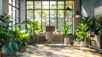 Green office space with indoor plants, natural light, and an eco-conscious work environment