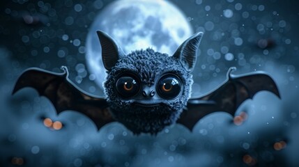 A cute cartoon bat with large eyes flies in front of a full moon on a spooky night.