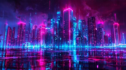 Obraz premium A futuristic cityscape bathed in vibrant pink and blue neon lights, reflecting off a shimmering water surface.