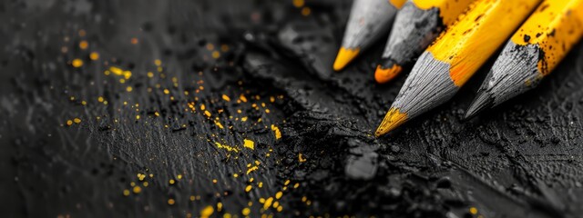  A tight shot of pencils in a cluster against a black background, adorned with yellow paint splatters