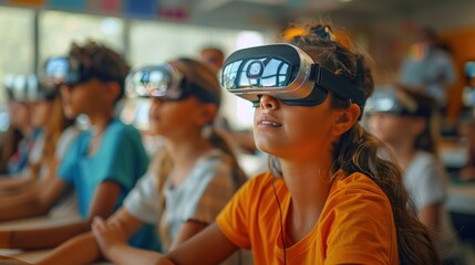 Demonstrating the transformative impact of technology on education, featuring a futuristic classroom with students using augmented reality headsets to interact with virtual objects and enhance their l