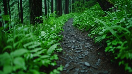 Fototapeta premium A narrow path winds through a lush, green forest, with tall trees lining the sides. The path is covered in leaves and twigs.
