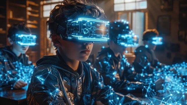 Demonstrating the transformative impact of technology on education, featuring a futuristic classroom with students using augmented reality headsets to interact with virtual objects and enhance their l