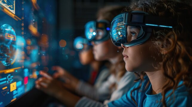 Demonstrating the transformative impact of technology on education, featuring a futuristic classroom with students using augmented reality headsets to interact with virtual objects and enhance their l