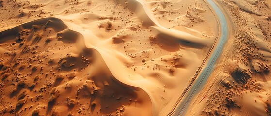 Obraz premium Desert Serenity Aerial View of Winding Road Through Sand Dunes, Showcasing Raw Beauty of Arid Landscape