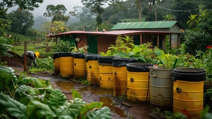 Obraz premium A rainwater harvesting system in a rural community, providing sustainable water resources