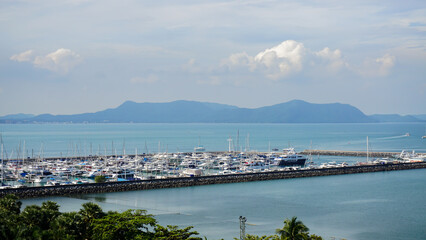 Aerial View of a lot of sailboats and yachts moored in harbor ocean marina yachts club, Beautiful landscape Pattaya city of Chonburi, Thailand