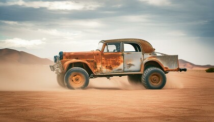 Fototapeta premium Rusty old apocalyptic monster car ridignt through desert