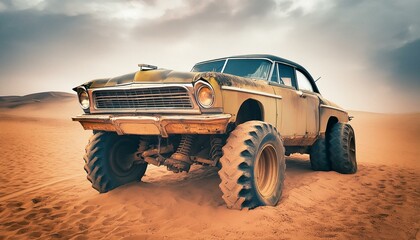 Rusty old apocalyptic monster car ridignt through desert