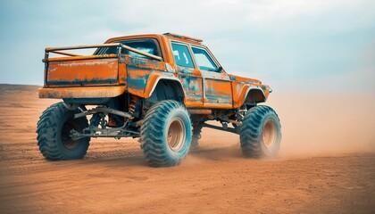 Obraz premium Rusty old apocalyptic monster car ridignt through desert