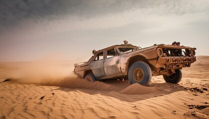Fototapeta premium Rusty old apocalyptic monster car ridignt through desert