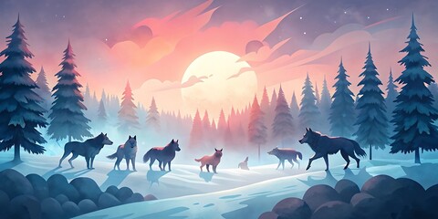 Wolf Pack Forest Sunset Scene as Wallpaper or Poster Design