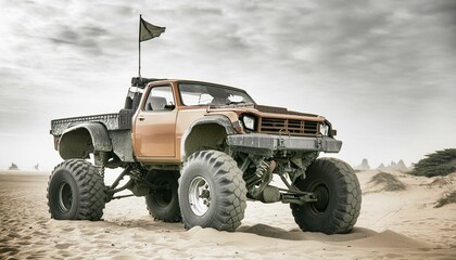 Fototapeta premium Rusty old apocalyptic monster car ridignt through desert