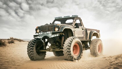 Fototapeta premium Rusty old apocalyptic monster car ridignt through desert