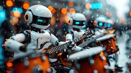 Fototapeta premium The image depicts a group of robots playing musical instruments, including bass guitar and drums, in a lively street performance with blurred colorful lights in the background.