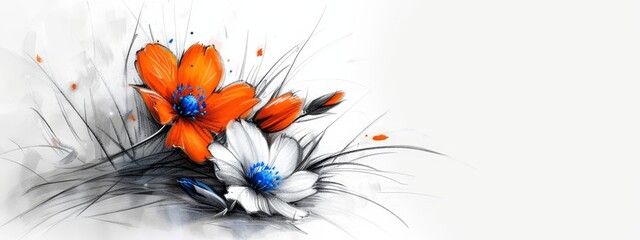  A painting of orange and white flowers with black and white line borders at the base and edges of petals