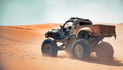 Fototapeta premium Rusty old apocalyptic monster car ridignt through desert